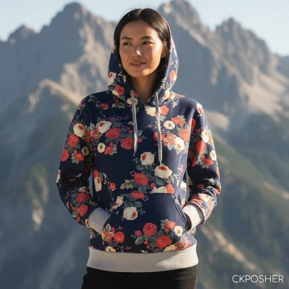Cupshe L Floral Rose Blue Hoodie Sweatshirt Kangaroo Pocket